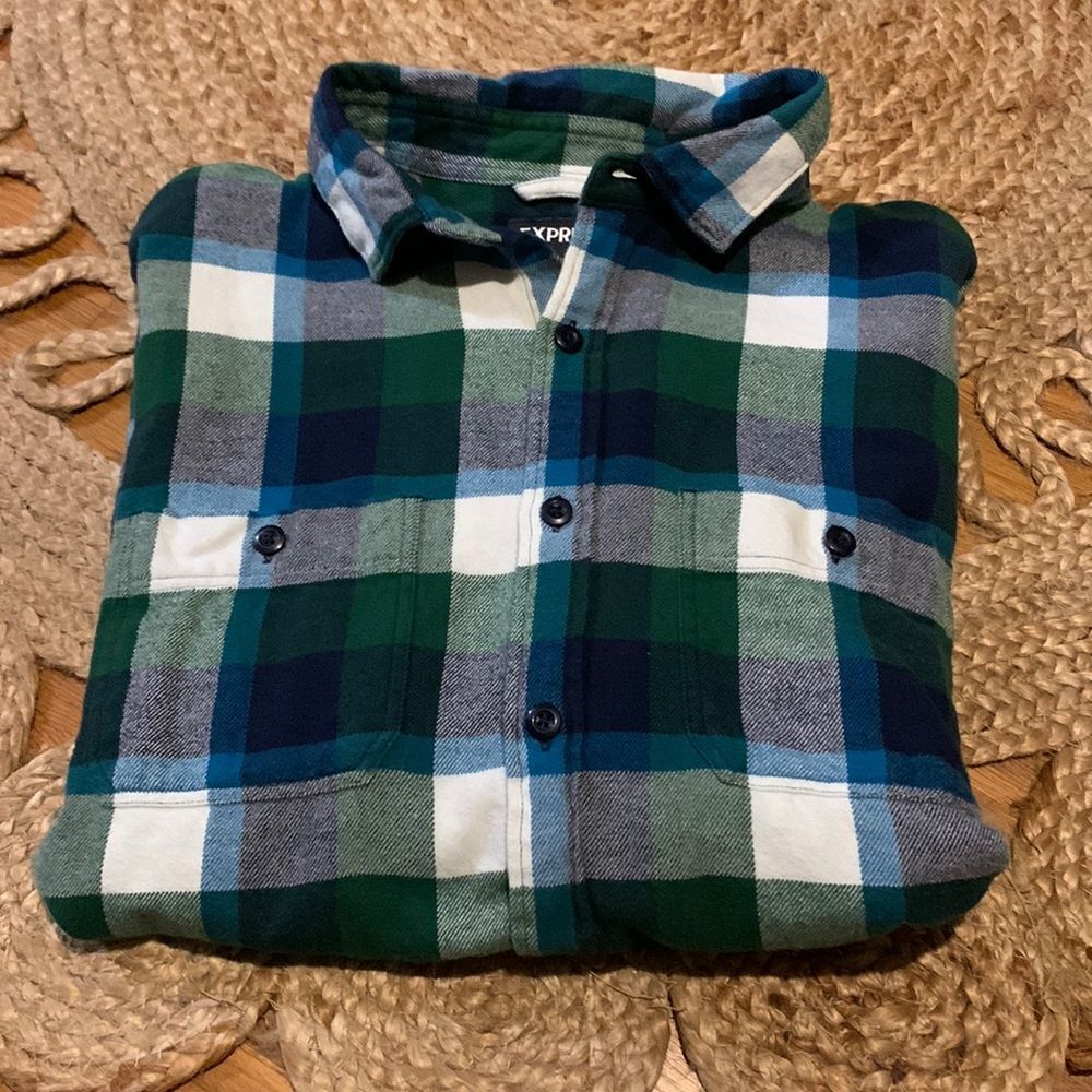 Express Flannel Shirt Mens XL Plaid Button Up Green Blue White 100% Cotton LS
